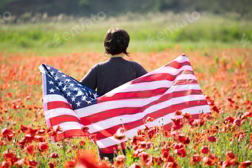Preview: Adult Holding American Flag in Field of Flowers