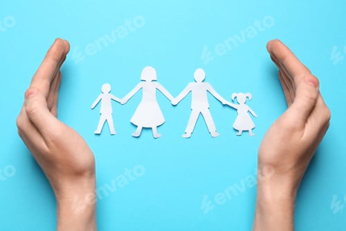 Preview: Woman protecting paper cutout of family on light blue background, top view