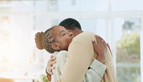 Preview: Black couple, dance together and hug in home with conversation, care and love with bonding. Man, wo