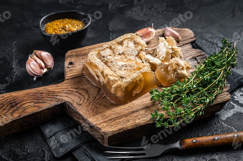 Preview: Aspic with chicken meat on wooden board. Black background. Top view