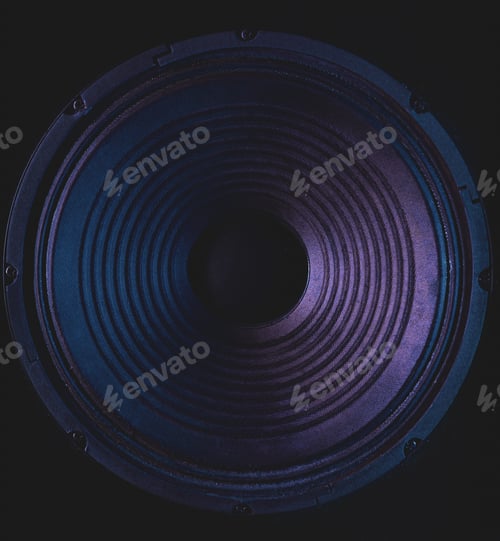 Preview: Closeup of stereo loudspeaker on black background.
