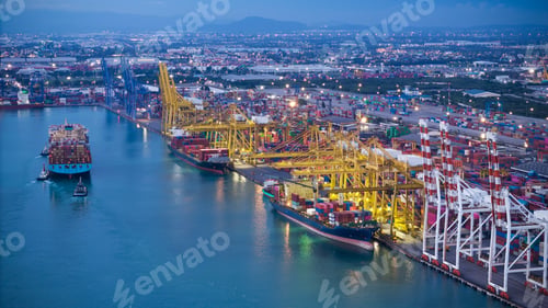 Preview: crane loading cargo container from truck to container ship in the international termi