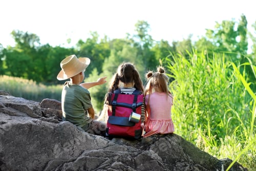 Preview: Little children sitting on rock outdoors. Summer camp