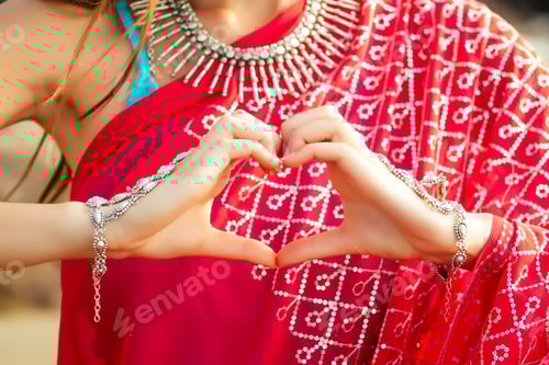 Preview: Beautiful indian woman in red saree hands the symbol of the heart