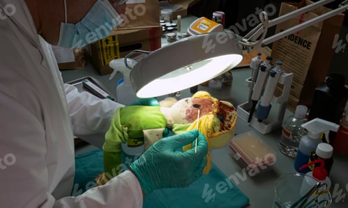 Preview: Forensic scientist takes dna sample from a bloody doll