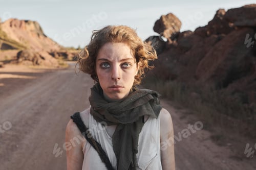 Preview: Female refugee standing outdoors