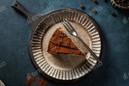 Preview: Plate with slice of tasty homemade chocolate cake on blue background