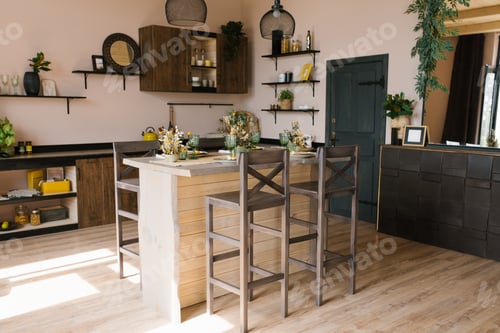 Preview: The interior of the wooden kitchen made of dark and light wood in the Scandinavian style