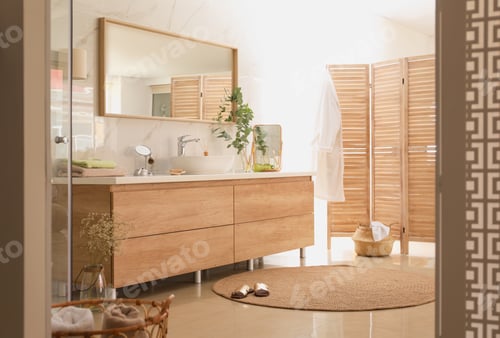Preview: Modern bathroom interior with vessel sink and big mirror