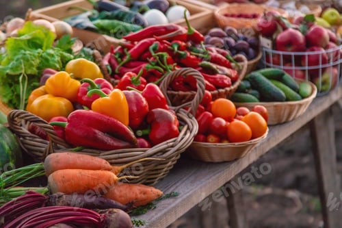 Preview: Fruits and vegetables at the farmers market. Selective focus.