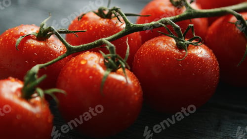 Preview: Ripe cherry tomatoes with drops on branch