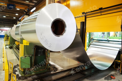 Preview: Giant roll of aluminium foil unwinding in an industrial setting