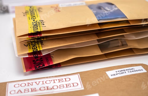 Preview: Files and evidence bag in a crime lab, conceptual image