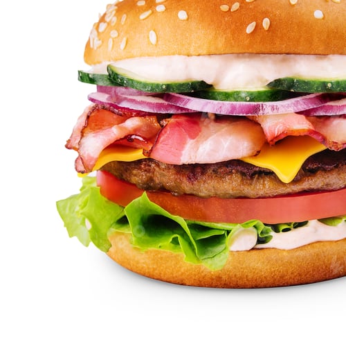 Preview: Delicious burger with bacon on white background
