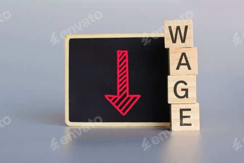 Preview: Wooden cubes with text WAGE and chalkboard with downward arrow.