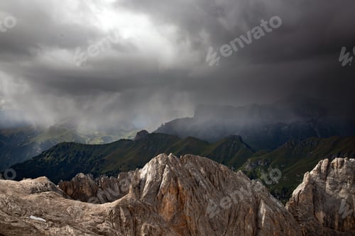 Preview: The view of Sella Group in stormy weather with mist from Serauta in the Dolomites, Italy.