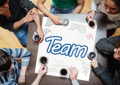 Preview: Team At Work Drinking Coffee With Team Text On White Panel
