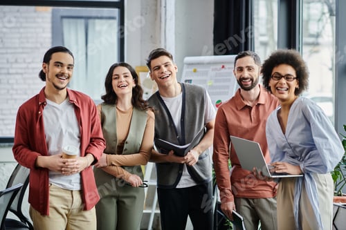Preview: Colleagues Sharing Smiles During a Challenging Layoff Process in a Modern Workspace