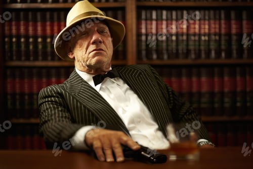 Preview: In charge of his domain. Aged mob boss wearing a hat and looking serious.