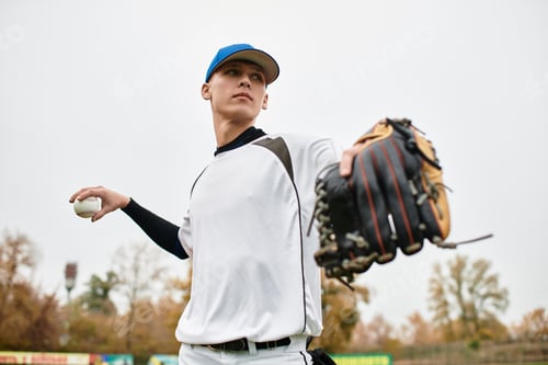 Preview: Skillful teenage boy stands ready on the baseball field showcasing his athletic talent