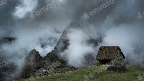 Preview: Rural small house in foggy Machu Picchu in Peru