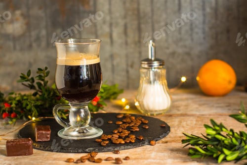Preview: Coffee In A Transparent Mug (With Milk And Spices). Top View. Copy Space