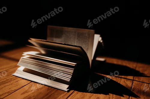 Preview: Open book on a wooden table under the natural sunlight