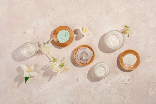 Vista previa: skincare products and jasmine flowers. natural cosmetics for home spa treatment
