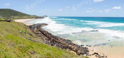 Preview: Panoramic View of Scenic Seashore whit People.Champagne Pools,Fraser Island,Queensland,Australia