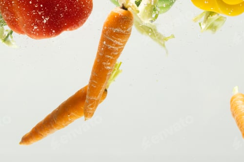 Preview: Close up of fresh vegetables falling into water with copy space on white background