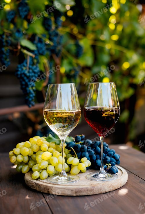 Preview: Two glasses with white and red wine on a wooden barrel in the vineyard.