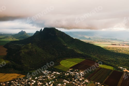 Preview: Bird's eye view of beautiful fields Islands of Mauritius and mountains