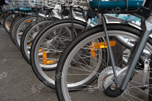 Preview: Bicycles for rent parked outdoor. Share transport, eco friendly city