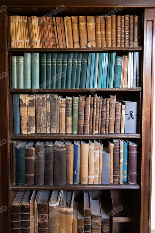 Preview: Vintage Book Collection Filling Wooden Bookshelves