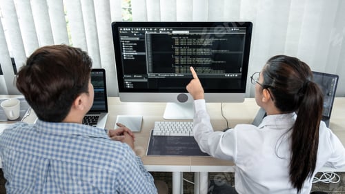 Preview: Team of two professional programmers working on website projects in software development o