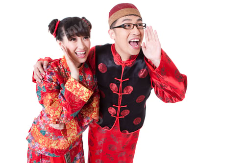 Preview: Joyful couple in traditional Chinese clothing shouting
