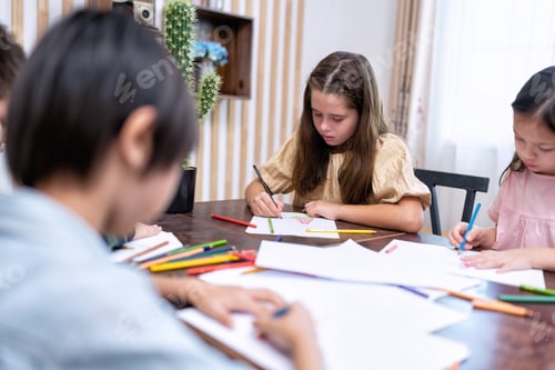 Preview: Children in class room happy laughing enjoy draw picture on paper and show to friend