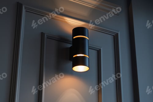 Preview: Modern black cylinder wall sconce illuminates a dark panelled wall