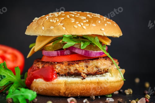Preview: Burger, Meat Cutlet Beef Steak, Tomato, Sauce And Lettuce (Tasty Meat Snack Sandwich) Menu Concept