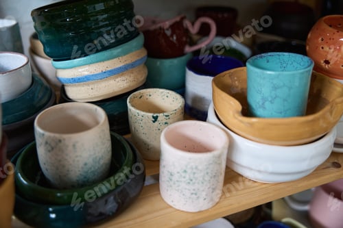 Preview: Multi-colored clay cups and bowls are stacked on wooden shelves