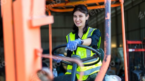 Preview: women worker at forklift driver happy working in industry factory logistic ship.