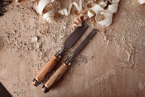 Preview: Carpenter's chisel, woodwork tool on the desktop in the workshop