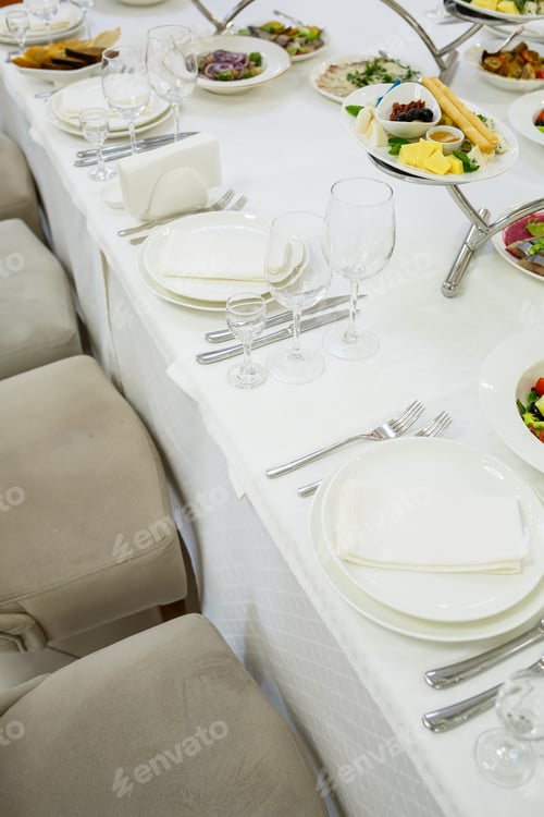 Preview: Serving a festive table in a restaurant. Preparation of a banquet for a holiday