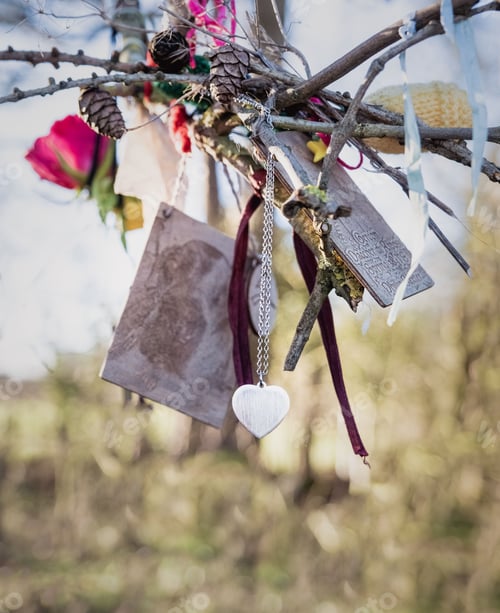 Preview: Vertical shot of pagan symbolism hanging from the trees