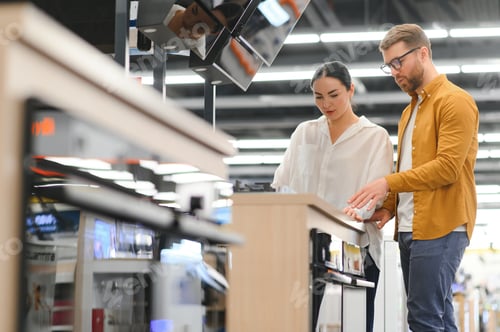 Preview: Young man and woman buying new gas stove in appliances shop