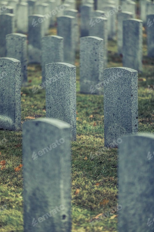Preview: Back of Army Headstone and Graveyard Cemetery during a Sad Day o