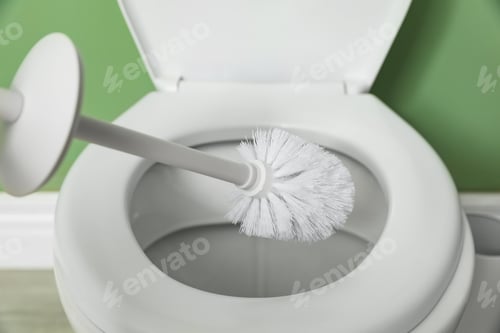 Preview: Cleaning toilet bowl with brush indoors, closeup