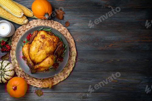 Visualização: Saudações de Ação de Graças. Frango assado ou Turquia para jantar festivo na mesa de madeira