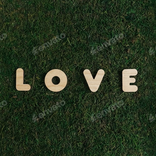 Preview: Word LOVE on green moss background