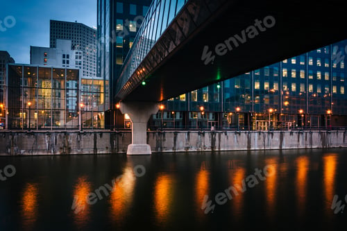 Preview: Buildings And Pedestrian Bridge Over The Milwaukee River At Night, In Milwaukee, Wisconsin.